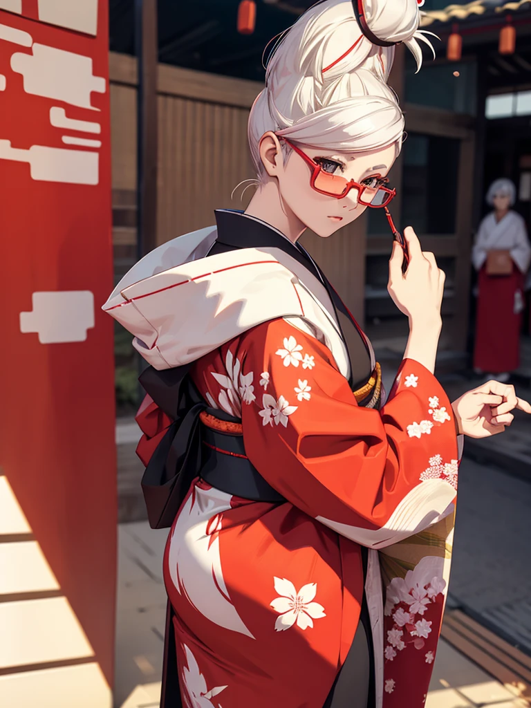 1woman, wearing a Japanese kimono, at a japan village , white colour hair, red colour spectacles, 8k, high detailed, high quality, high accuracy, full body