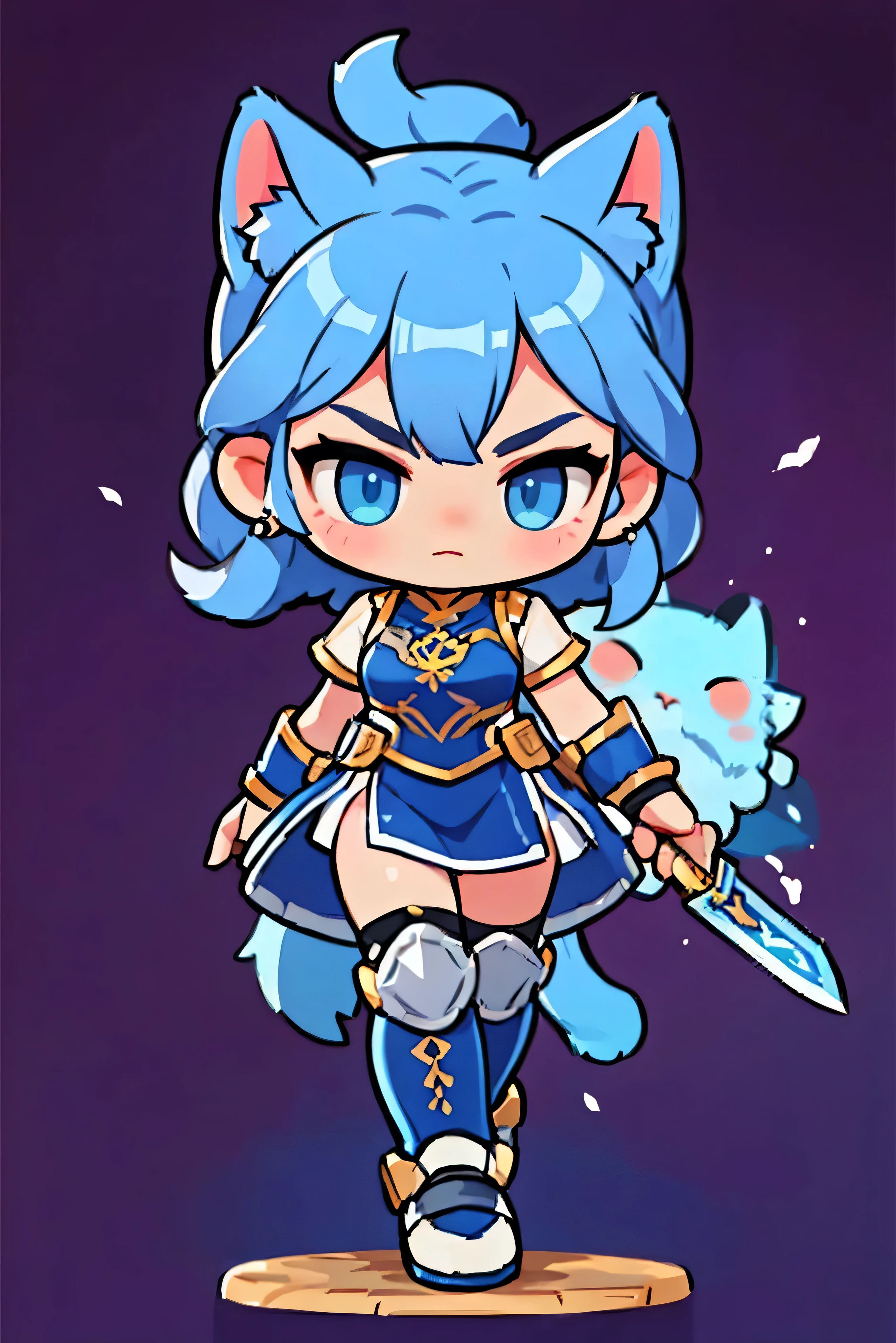  Cute Female Warrior Style  ,  European RPG Warriors  , Purple Iron Armor , Natural background.  blue hair ,  tied hair , cat ears, Purple Iron Armor  의상, Full Body Protection  , dark blue eyes ,  Stylish Poses  ,  half side ,  dynamic battle pose,  is holding a combat knife. Landing position,  The act of wielding a sword , 