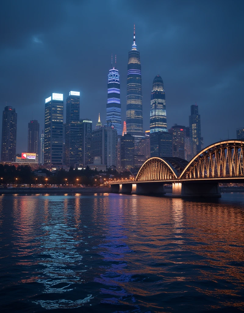 araful city skyline at night with a river and a bridge, "Moscow city" in moscow russia, moscow, russian city, skyscrapers on the background, russian  beautiful cityscape, night city on the background, night city in the background, tech city in the background,отражения ночных подсвечерный небоскребов в реке,невероятный пейзаж,фотореализм,свервысокое качество,