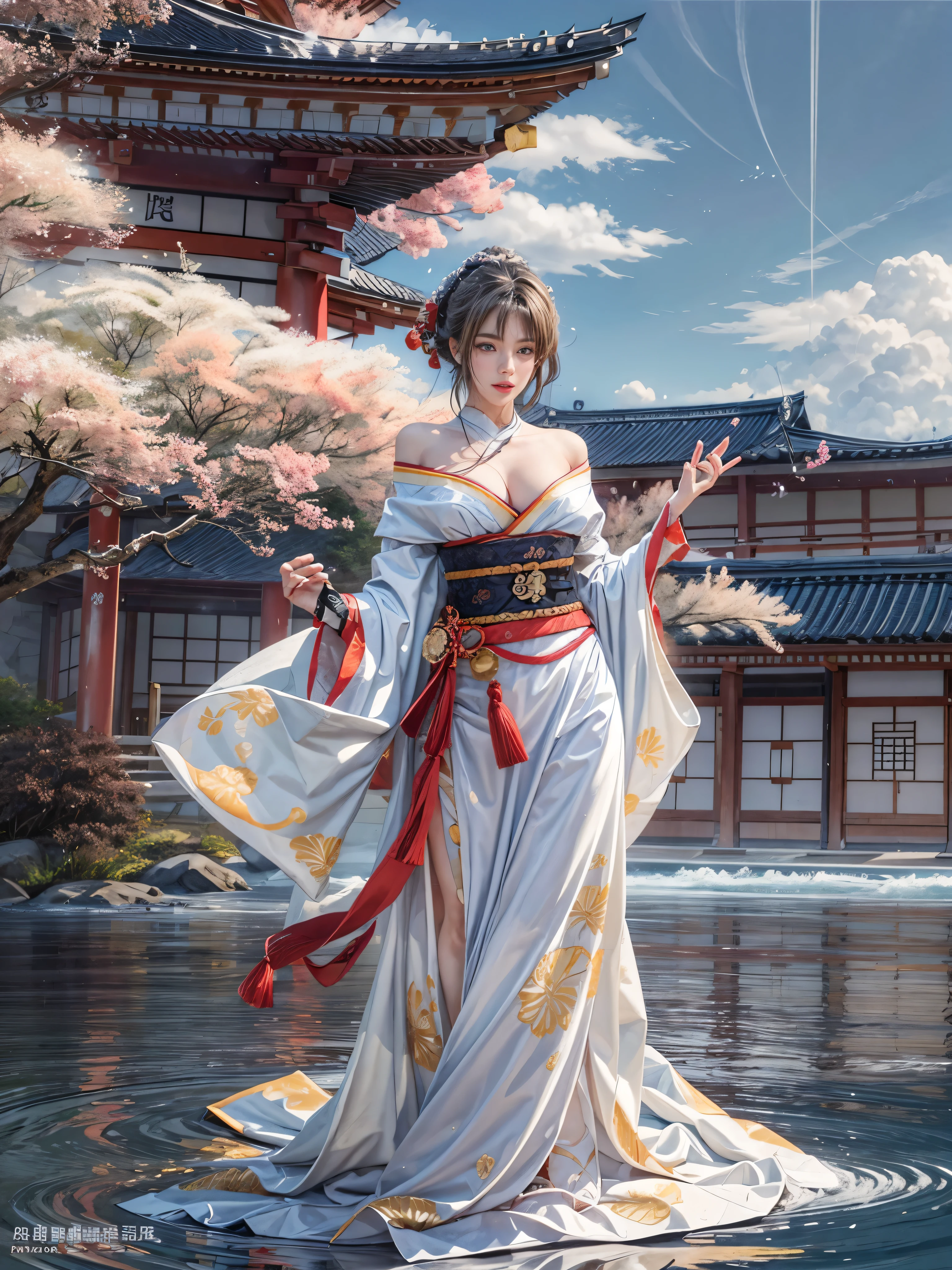 Highest quality, masterpiece, Ultra-high resolution, (Realistic photos:1.4), Surrealism, Similar to a dream,Fusion Art, The Goddess is Coming, Japanese God々, Beautiful Benten, Controlling the White Snake, Large Breasts, Muscular, Cherry blossoms fluttering, Shrine torii gate,