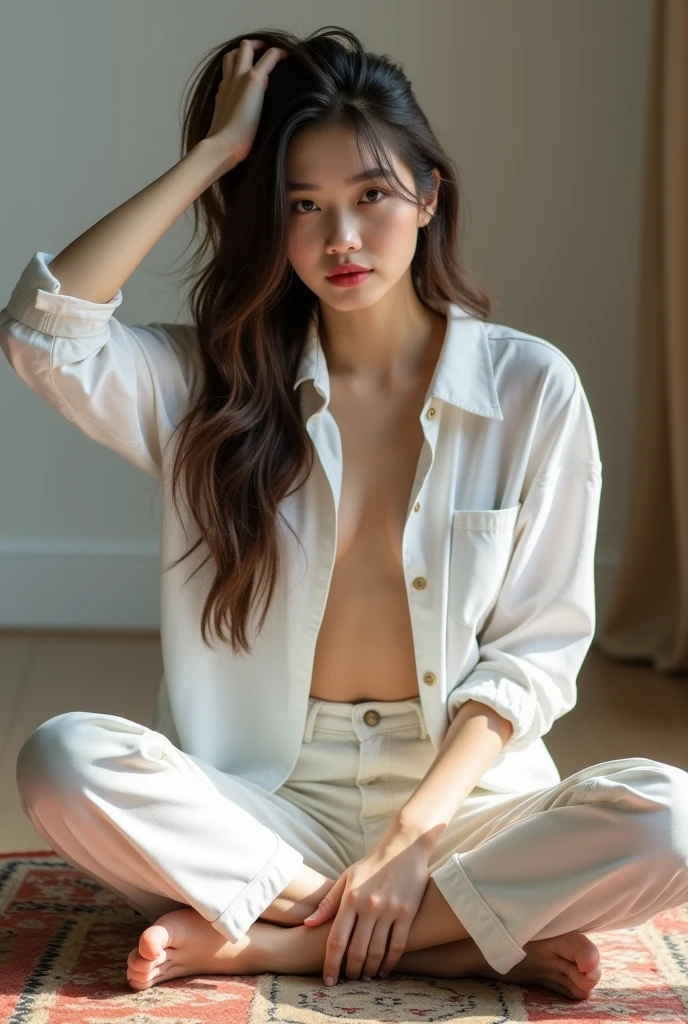 beautiful, masterpiece, highest quality, highly detailed face, perfect lighting, 1 girl, alone, Giovanna MS, cowboy shot, white shirt, black pants, sitting, spread your legs