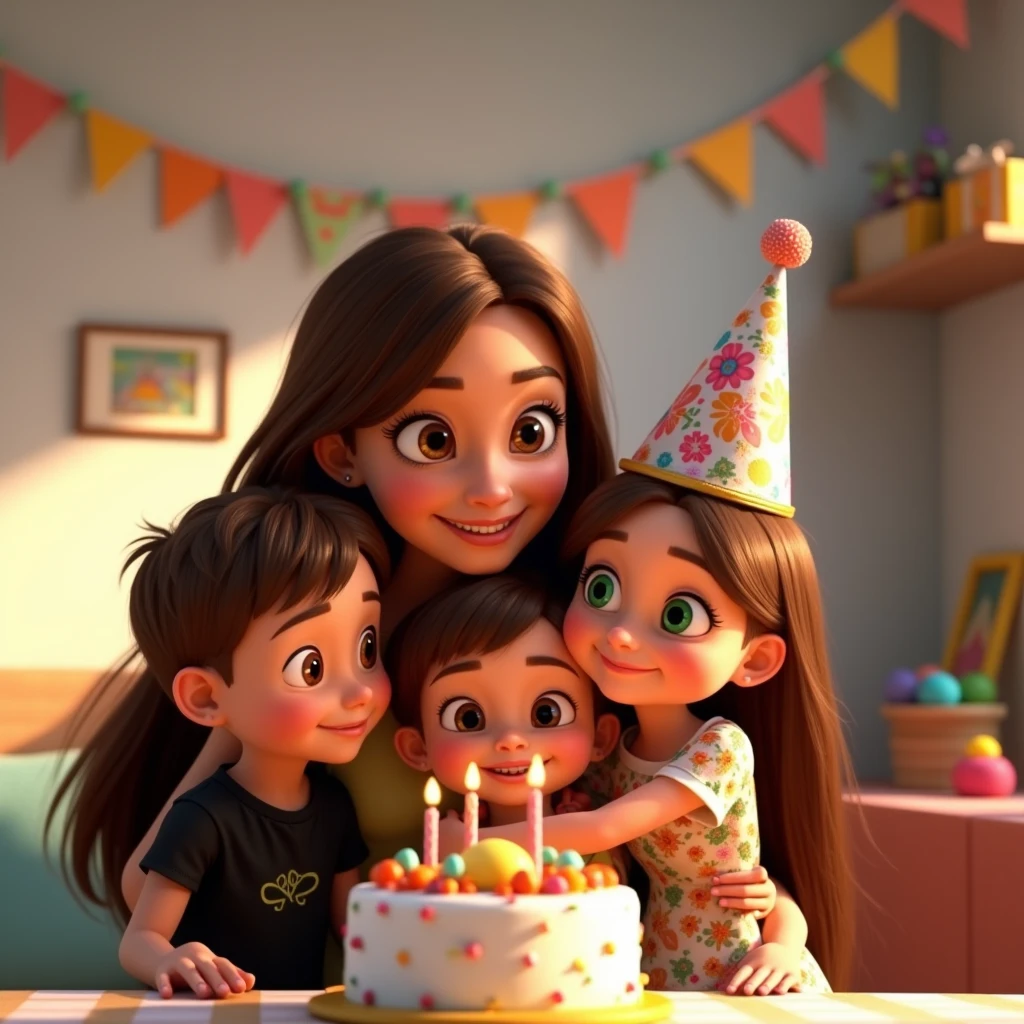 Cute girl with long light brown hair wearing a birthday dress, turning 30 years old,  two cute boys 4 and 2 standing next to a elephant birthday cake that says happy 30th birthday in bright color icing, part decorations in background 3D Pixar style 
