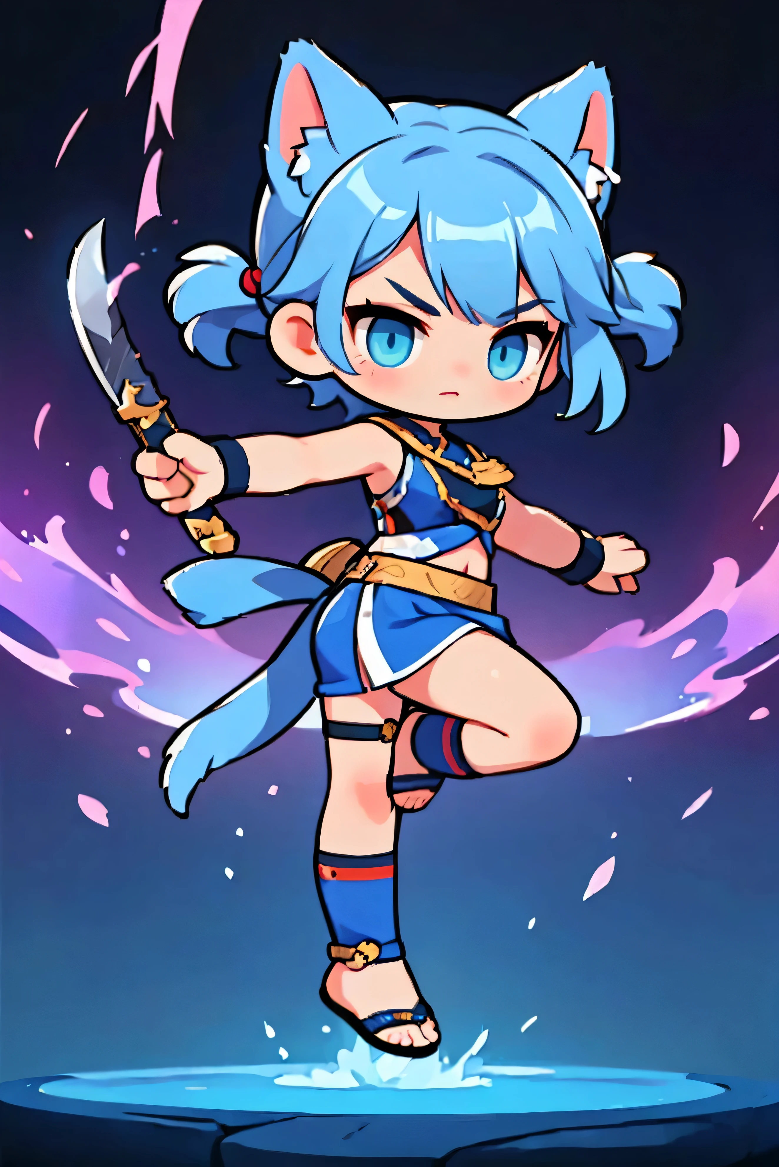  Cute Female Warrior Style ,  blue hair ,  tied hair , cat ears, Indian style combat uniform costume, dark blue eyes ,  Stylish Poses  ,  half side ,  dynamic battle pose,  Carrying a Battle Knife . Landing position, sword swing action, 