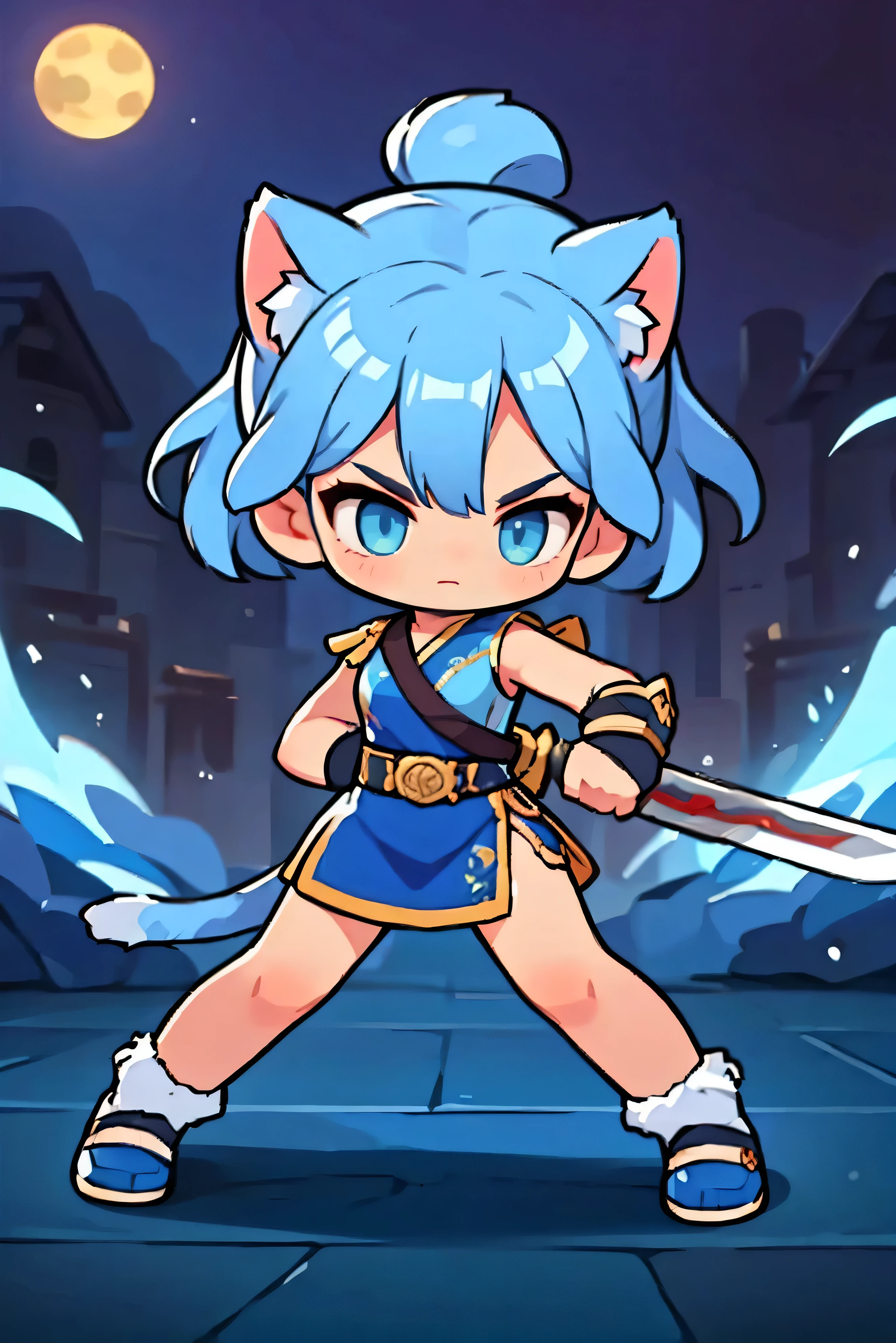  Cute Female Warrior Style ,  blue hair ,  tied hair , cat ears, Indian style combat uniform costume, dark blue eyes ,  Stylish Poses  ,  half side ,  dynamic battle pose,  is holding a combat knife. Landing position,  The act of wielding a sword , 