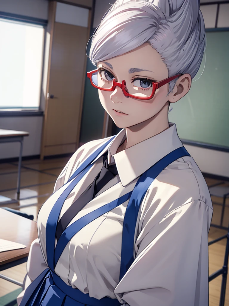 1woman, wearing a Japanese high school uniform, with white shirt and blue skirt, at a classroom , white colour hair, red colour spectacles, 8k, high detailed, high quality, high accuracy, full body