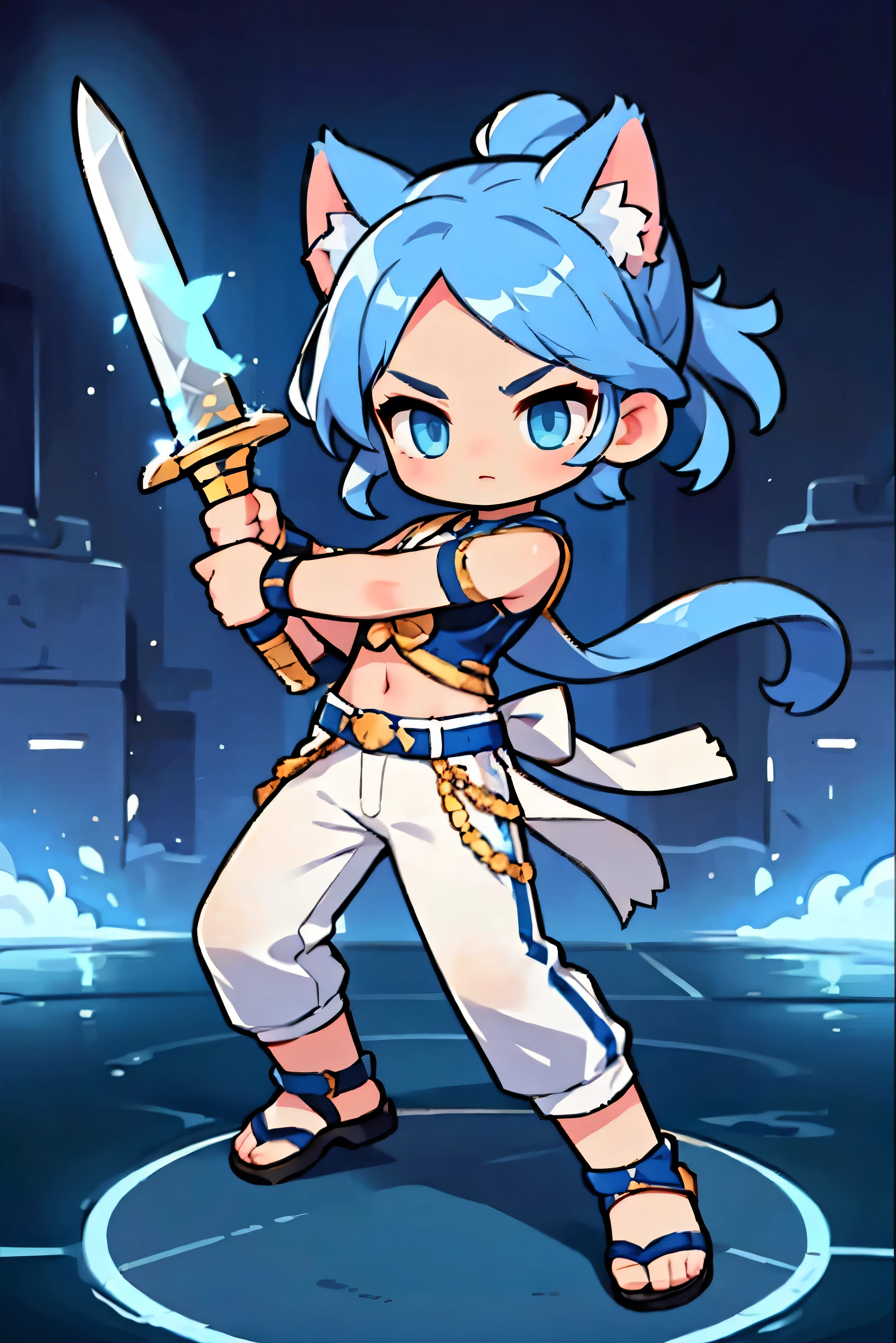  Cute Female Warrior Style ,  blue hair ,  tied hair , cat ears, egyptian style combat uniform costume, baggy white pants,  dark blue eyes ,  Stylish Poses  ,  half side ,  dynamic battle pose,  Carrying a Battle Knife . Landing position, sword swing action,