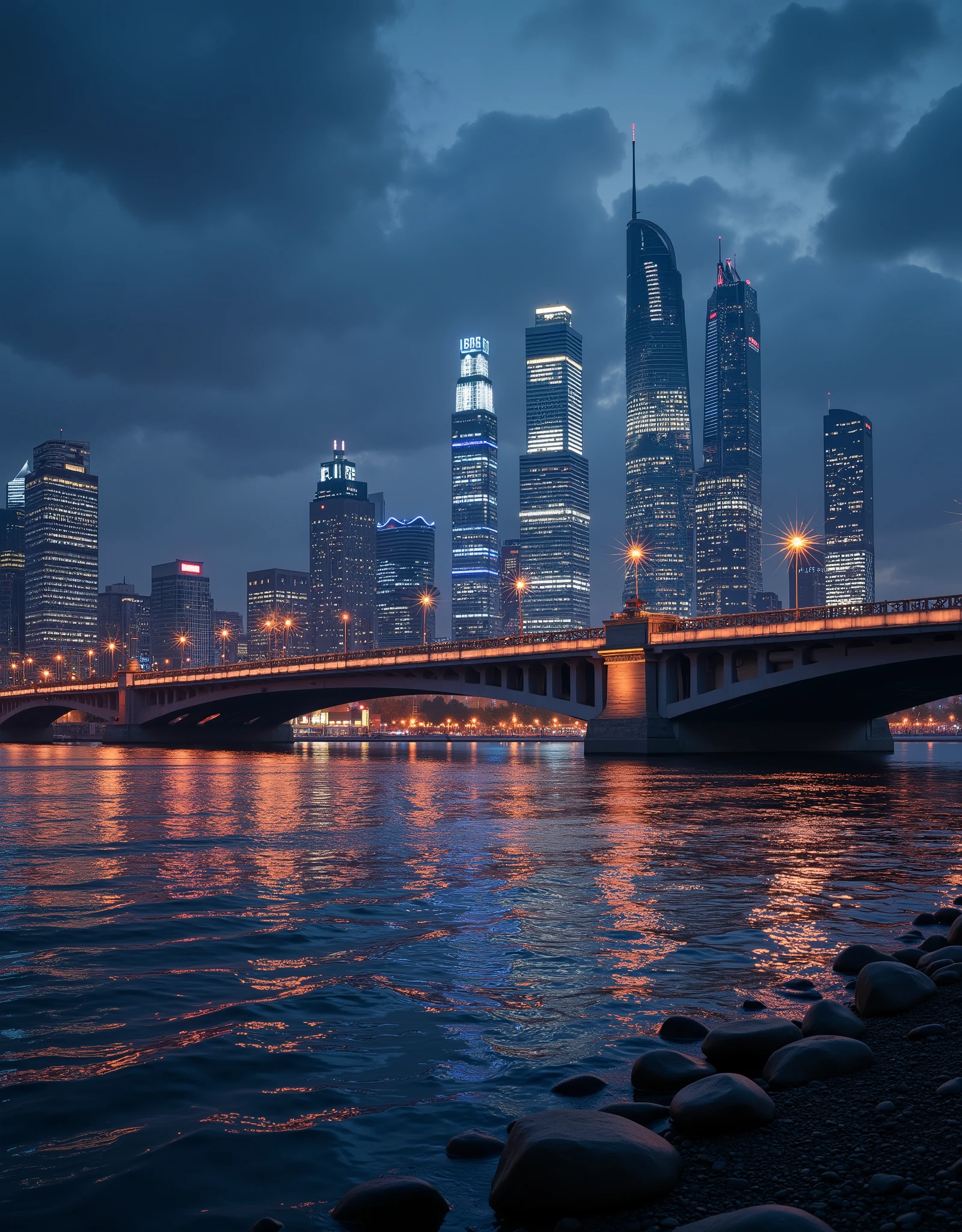 araful city skyline at night with a river and a bridge, "Moscow city" in moscow russia, moscow, russian city, skyscrapers on the background, russian  beautiful cityscape, night city on the background, night city in the background, tech city in the background,отражения ночных подсвечерный небоскребов в реке,невероятный пейзаж,фотореализм,свервысокое качество,