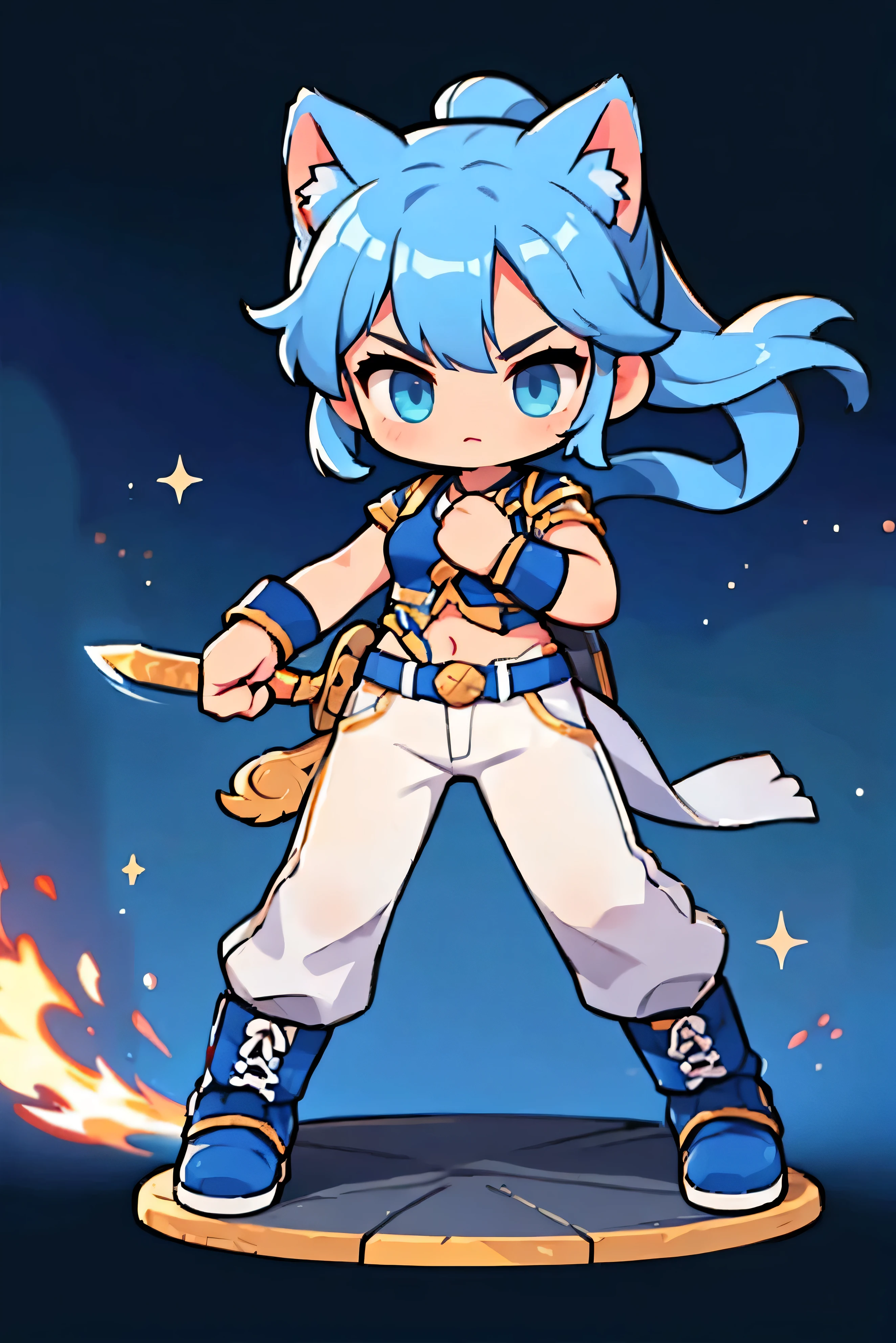 Cute Female Warrior Style , blue hair , tied hair , cat ears, egyptian style combat uniform costume, baggy white pants, boots, dark blue eyes , Stylish Poses , half side , dynamic battle pose, Carrying a Battle Knife . Landing position, sword swing action,
