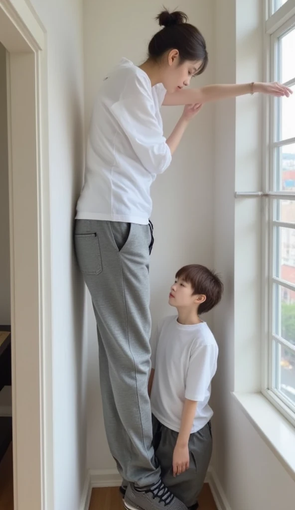 A tall, slim Chinese woman with an extremely high height is pinning her much shorter adult husband against the wall in a small, narrow bedroom, in a playful "kabedon" pose. The woman, who is three times taller than her husband, leans over him, one hand placed firmly on the wall above his head, while her towering figure dominates the scene. She is wearing casual pajamas, and her long limbs emphasize the vast height difference between the two. Her husband, clearly an adult male, stands with his back against the wall, looking up at her with a mix of surprise and admiration. The room is small and cozy, with soft lighting that highlights the intimate interaction between the couple. The playful yet affectionate mood is the focus of the image.