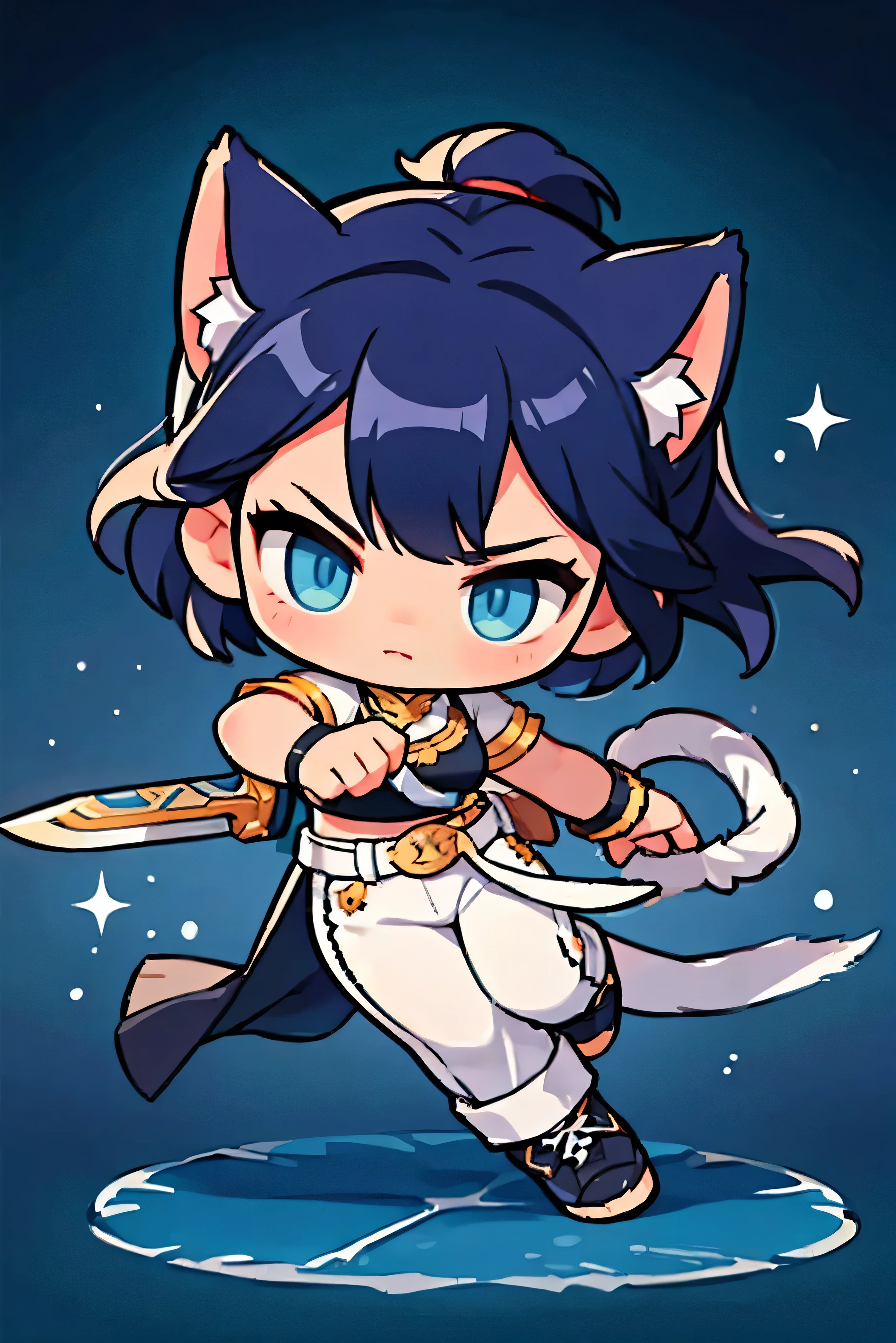  Cute Female Warrior Style ,  black hair ,  tied hair , cat ears, egyptian style combat uniform costume, baggy white pants, boots,  dark blue eyes ,  Stylish Poses  ,  half side ,  dynamic battle pose,  is holding a combat knife. Landing position,  The act of wielding a sword ,