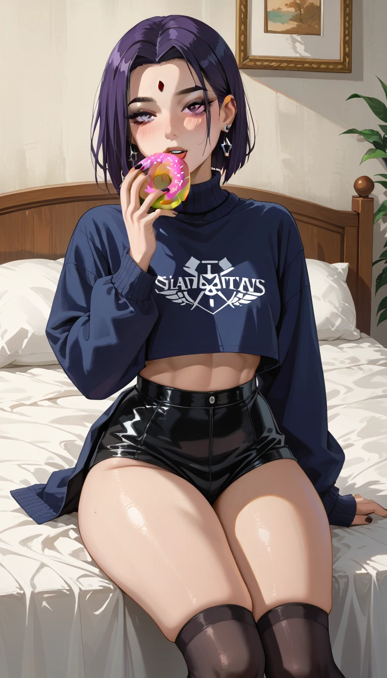 (masterpiece、 highest quality : 1.2)、1 、 Goth raven from teen titan、Biting a donut 、 wears a black long sleeve tights,  sitting on a bed, thick thighs , In the style of a leading portraitist 、