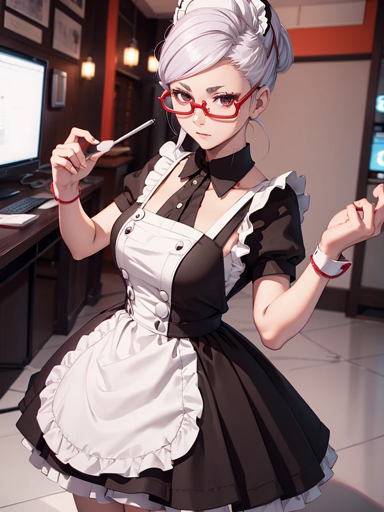 1woman, as a maid, wearing a maid outfit, at a maid cafe , white colour hair, red colour spectacles, 8k, high detailed, high quality, high accuracy, full body