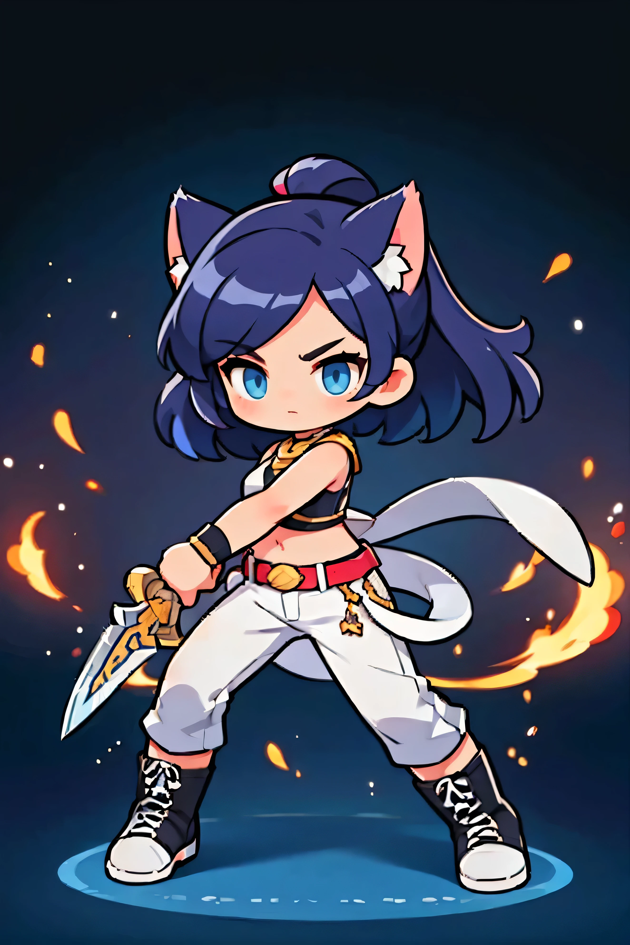  Cute Female Warrior Style ,  black hair ,  tied hair , cat ears, egyptian style combat uniform costume, baggy white pants, boots,  dark blue eyes ,  Stylish Poses  ,  half side ,  dynamic battle pose,  is holding a combat knife. Landing position,  The act of wielding a sword ,