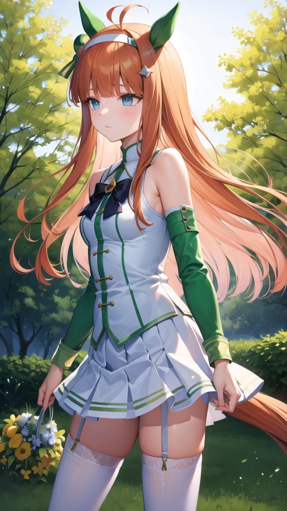 Silence Suzuka、blush,smile、Long Hair、Orange Hair、Horse Girl、Green costume、In uniform、Primary school students、The back is very small、Lolita、Small breasts、Please show me your armpits、exterior: 14 years old、Shoulder Bare、The clavicle is visible、Sexy thighs、Beautiful legs、Usual hairstyle、highest quality, High resolution, unity 8k wallpaper, (shape:0.8), (Beautiful and beautiful eyes:1.6), Highly detailed face, Perfect lighting, Highly detailed CG, (Perfect hands, Perfect ???????),