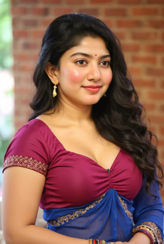 "Create a close-up image of an Indian woman in a side pose, exuding confidence and allure. Her long, wet hair is styled in an elegant updo, with strands framing her radiant face, which is captured in exquisite detail in 8k resolution. Her smooth skin, bold, expressive eyes, and vibrant red lips add to her captivating beauty. She wears a traditional magenta blouse with short sleeves and a knotted front, paired with a matching blue draped bottom piece featuring an embellished waistband, accentuating her midriff and navel. Traditional gold jewelry, including dangling earrings and colorful bangles, enhances her graceful yet bold appearance. The soft lighting highlights her curves and natural charm, creating a scene that balances elegance and sensuality."