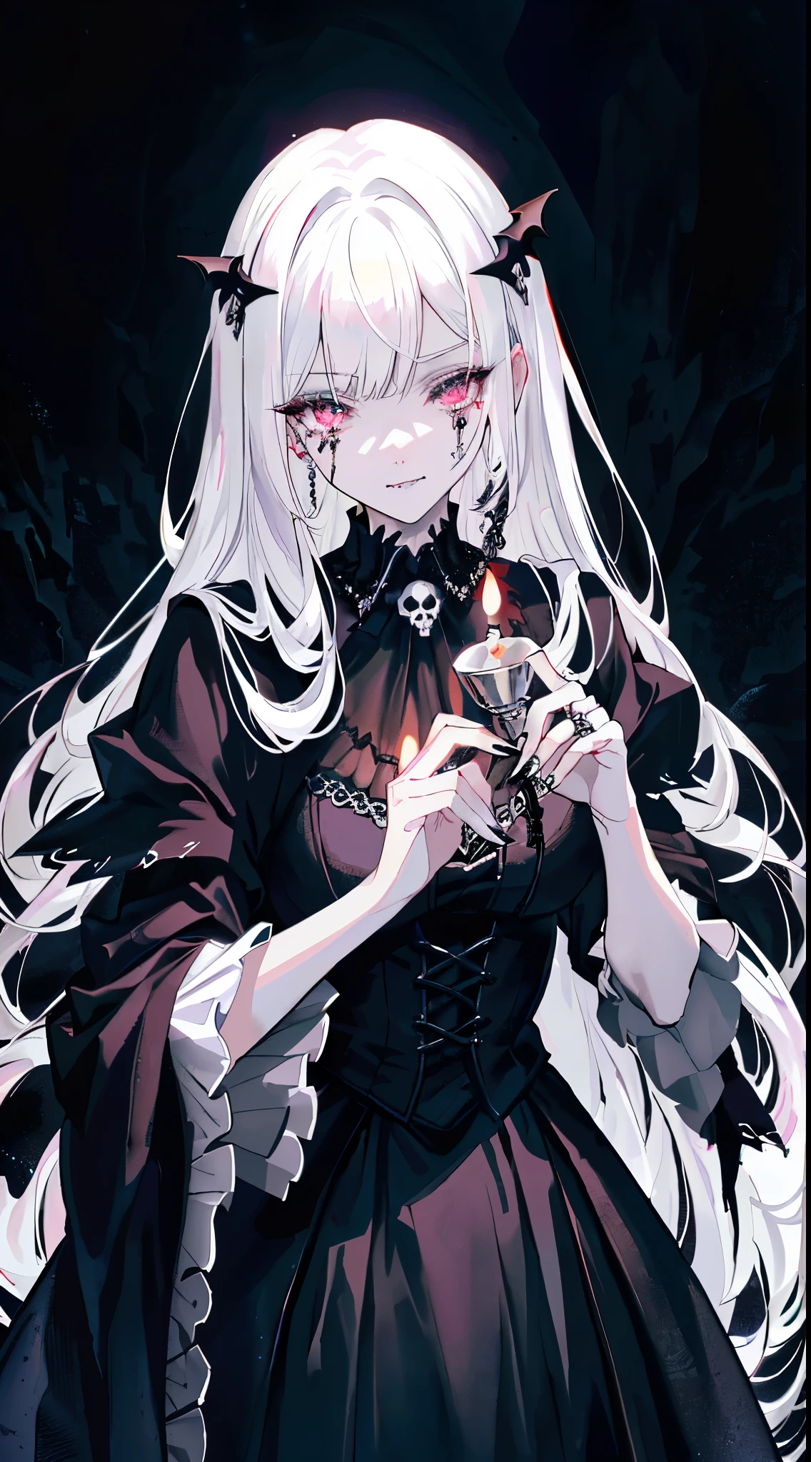 （tmasterpiece，best qualtiy）， solo，A white-haired woman holds a candle，anime skull portrait woman,beautiful necromancer girl，beautiful girl necromancer，，Smoky, Flowing white hair，Harsh eyes，paleskin，black eyeshadows，Black blood and tears，Two fangs are exposed，Gothic shoujo anime characters，beautiful necromancer，gothic fantasy art，dark fantasy style art, White-haired god,Retrato de um female necromancer，female necromancer，goddess of death，dark moody lighting，with light glowing，mistic，magical，edge lit