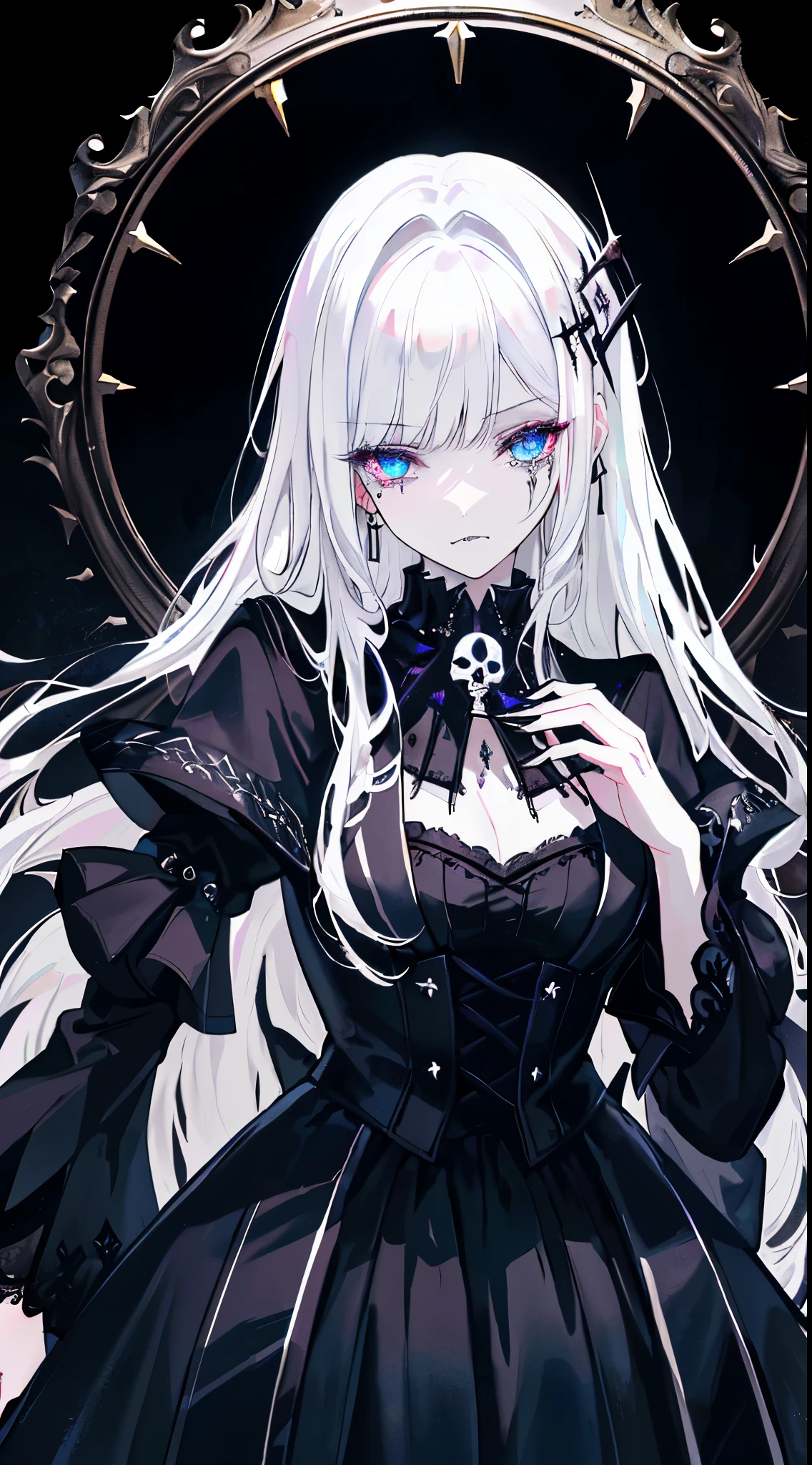 （tmasterpiece，best qualtiy）， solo，A white-haired woman holds a candle，anime skull portrait woman,beautiful necromancer girl，beautiful girl necromancer，，Smoky, Flowing white hair，Harsh eyes，paleskin，black eyeshadows，Black blood and tears，Two fangs are exposed，Gothic shoujo anime characters，beautiful necromancer，gothic fantasy art，dark fantasy style art, White-haired god,Retrato de um female necromancer，female necromancer，goddess of death，dark moody lighting，with light glowing，mistic，magical，edge lit