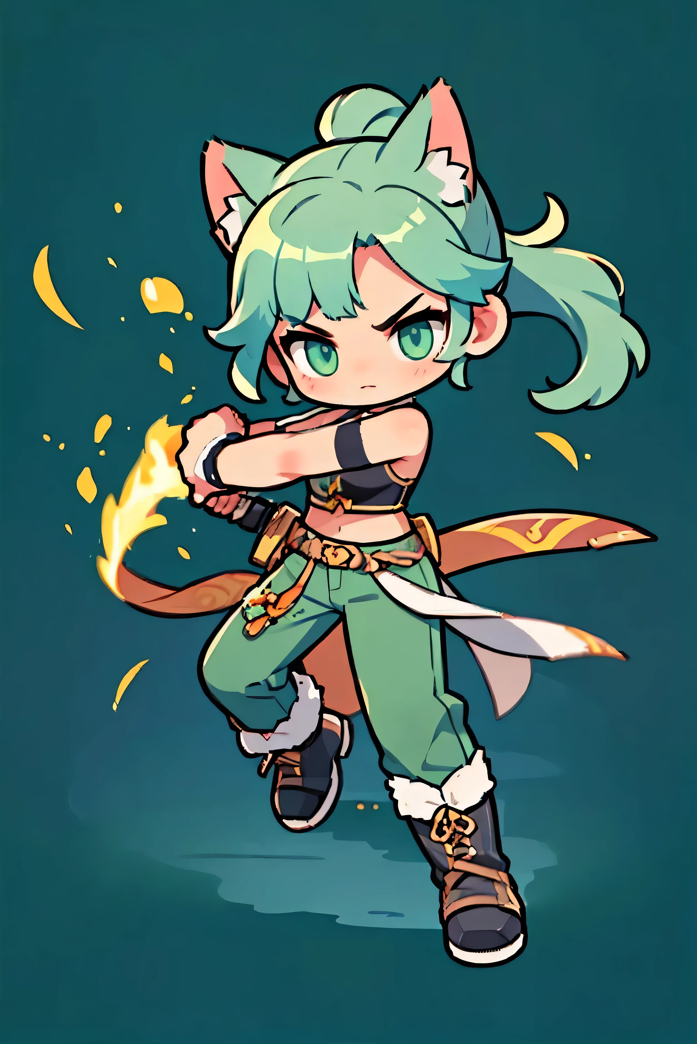  Cute Female Warrior Style , green hair ,  tied hair , cat ears,  Indian style combat uniform costume,  loose green pants , boots,  dark blue eyes ,  Stylish Poses  ,  half side ,  dynamic battle pose,  is holding a combat knife. Landing position,  The act of wielding a sword ,