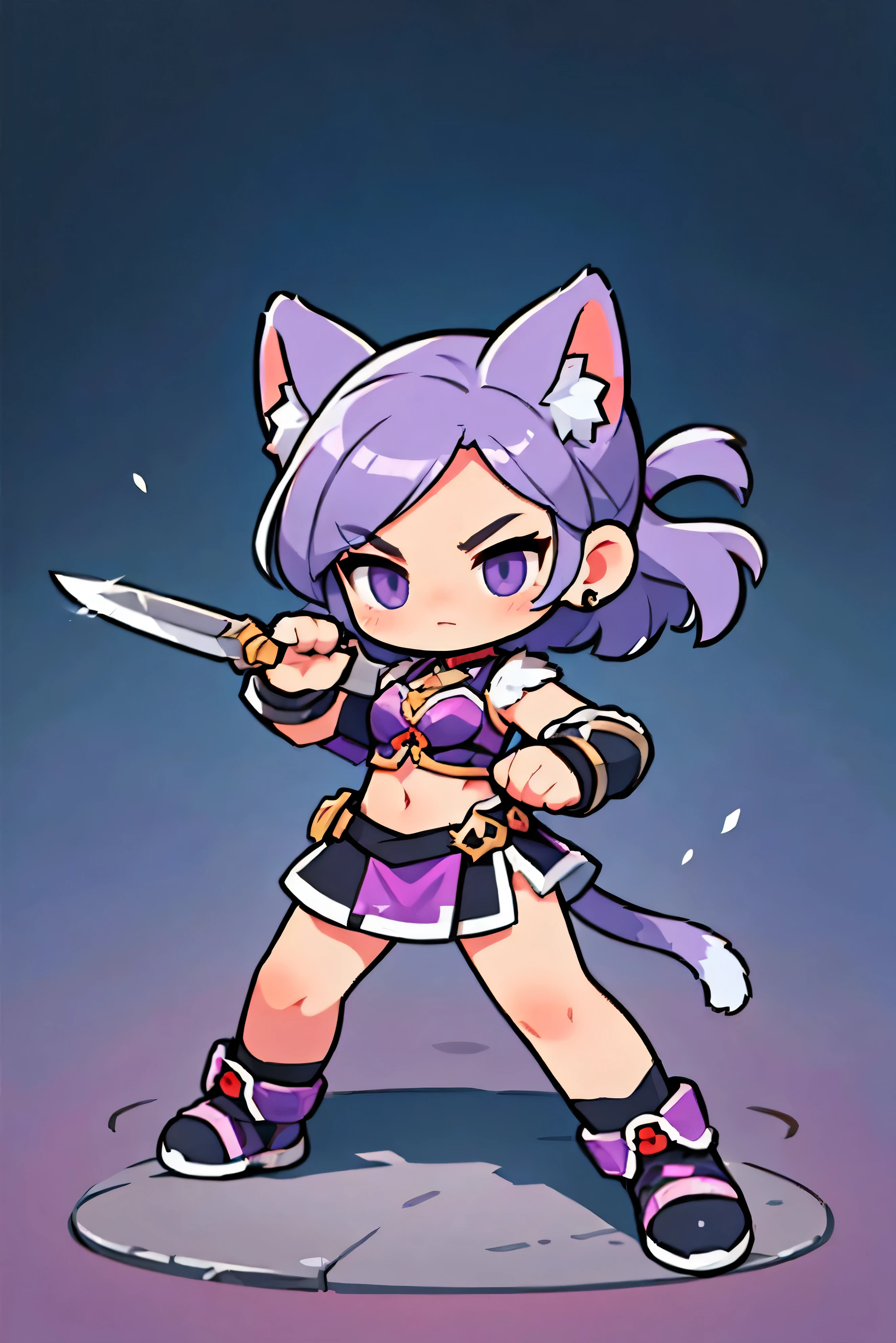  Cute Female Warrior Style ,  European RPG Warriors  , silver full body iron armor, Natural background.  purple hair,  tied hair , cat ears, black eyes ,  Stylish Poses  ,  half side ,  dynamic battle pose,  is holding a combat knife. Defensive posture 