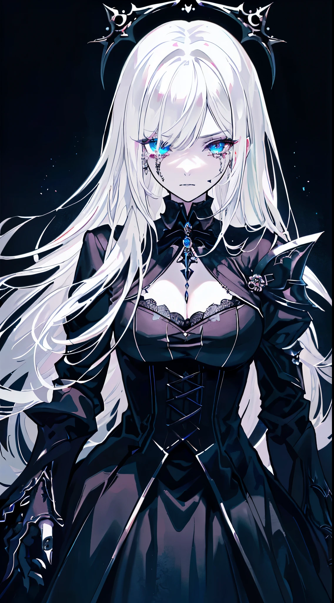 （tmasterpiece，best qualtiy）， solo，A white-haired woman holds a candle，anime skull portrait woman,beautiful necromancer girl，beautiful girl necromancer，，Smoky, Flowing white hair，Harsh eyes，paleskin，black eyeshadows，Black blood and tears，Two fangs are exposed，Gothic shoujo anime characters，beautiful necromancer，gothic fantasy art，dark fantasy style art, White-haired god,Retrato de um female necromancer，female necromancer，goddess of death，dark moody lighting，with light glowing，mistic，magical，edge lit