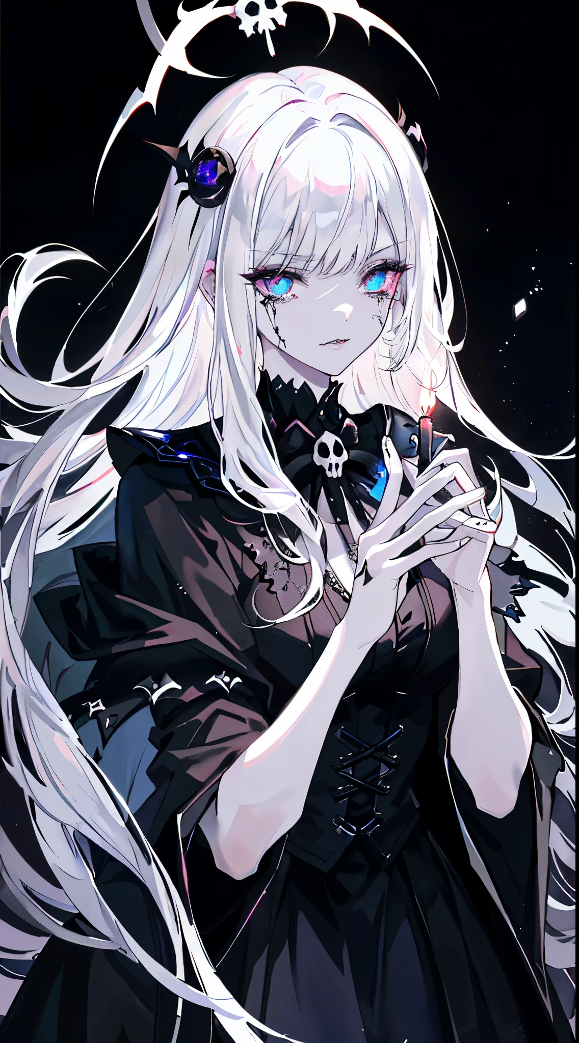 （tmasterpiece，best qualtiy）， solo，A white-haired woman holds a candle，anime skull portrait woman,beautiful necromancer girl，beautiful girl necromancer，，Smoky, Flowing white hair，Harsh eyes，paleskin，black eyeshadows，Black blood and tears，Two fangs are exposed，Gothic shoujo anime characters，beautiful necromancer，gothic fantasy art，dark fantasy style art, White-haired god,Retrato de um female necromancer，female necromancer，goddess of death，dark moody lighting，with light glowing，mistic，magical，edge lit