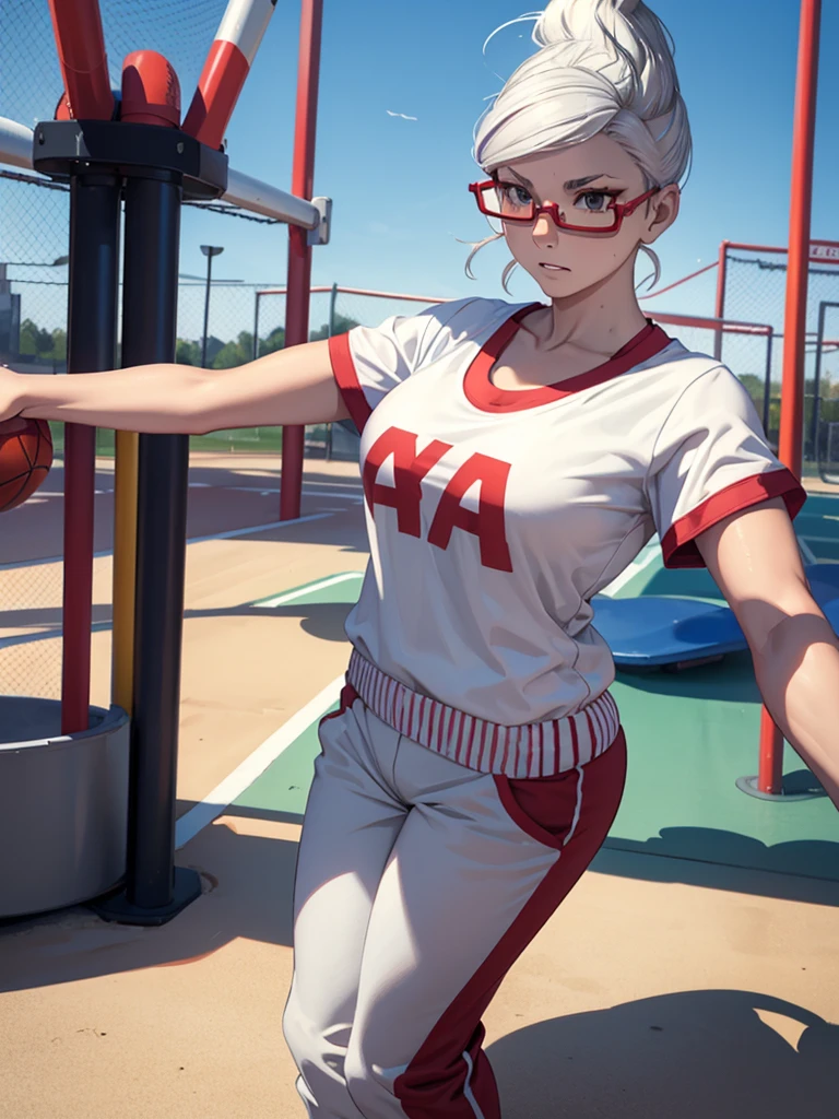 1woman, as an athlete, wearing a sports t-shirt and pants, at a playground , white colour hair, red colour spectacles, 8k, high detailed, high quality, high accuracy, full body