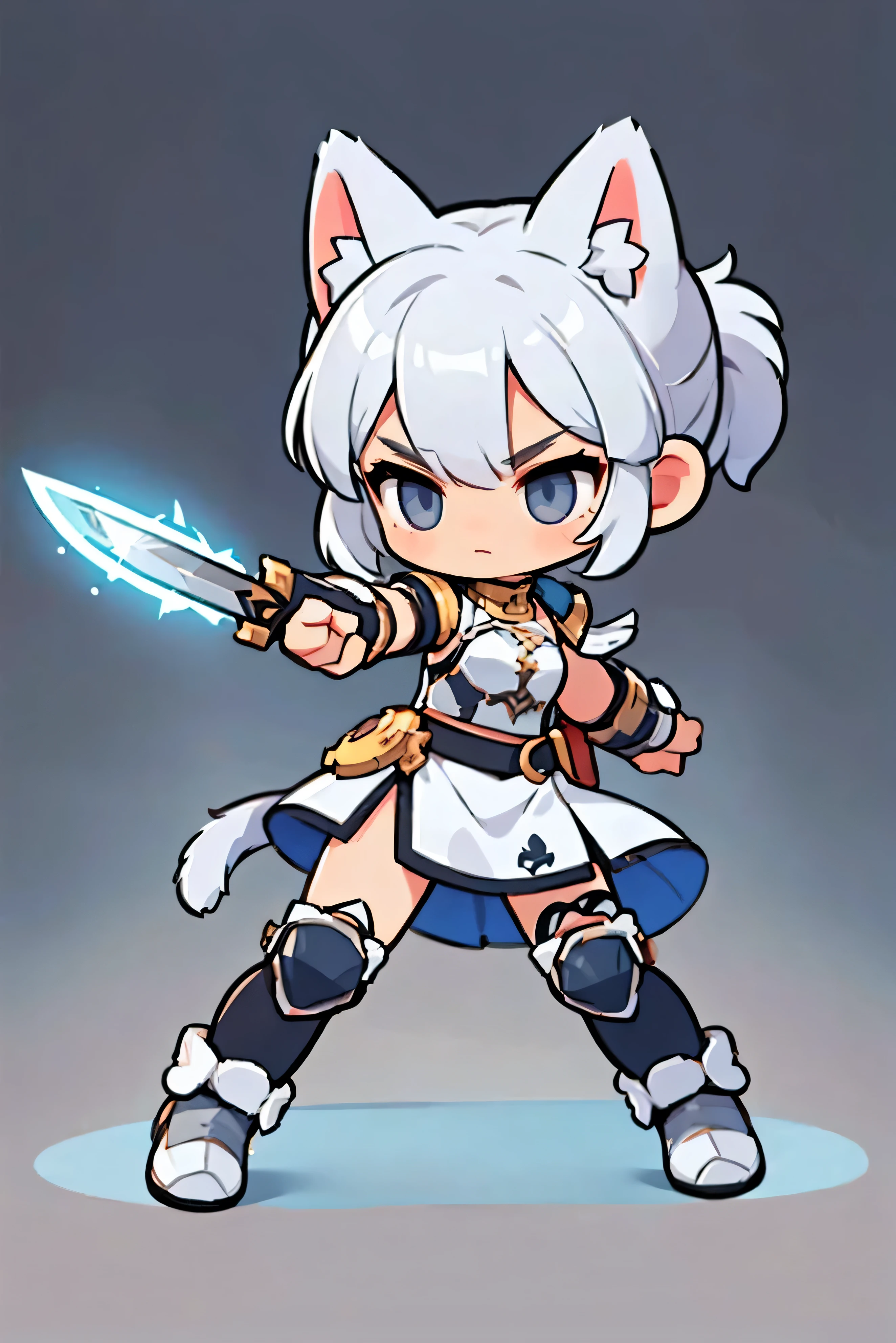 Female Warrior Style  , silver full body iron armor, Natural background.  white hair,  tied hair , cat ears, black eyes ,  Stylish Poses  ,  half side ,  dynamic battle pose,  is holding a combat knife. Defensive posture 