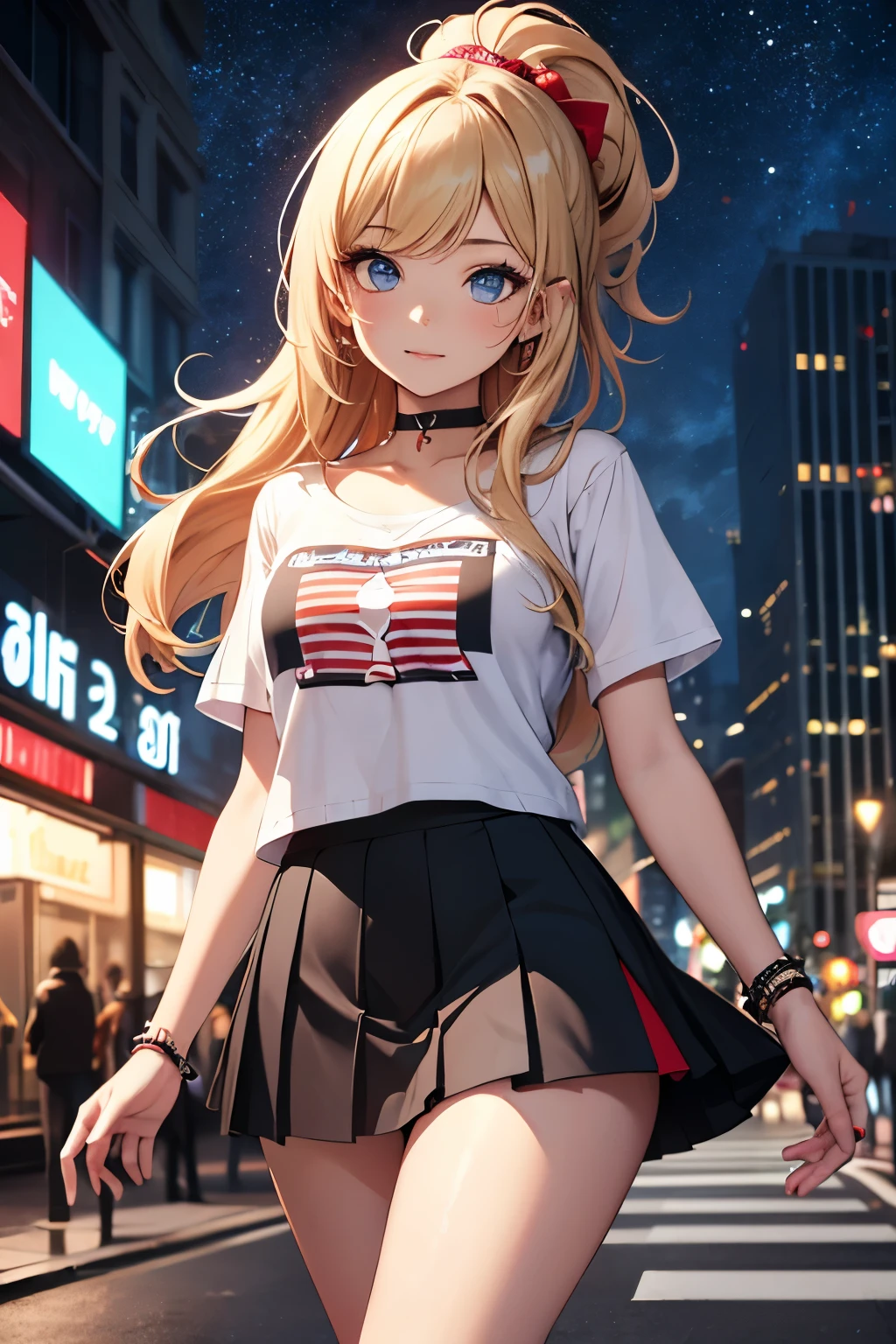 Anime Girl In A Skirt Walking Down A Street At Night - Seaart Ai