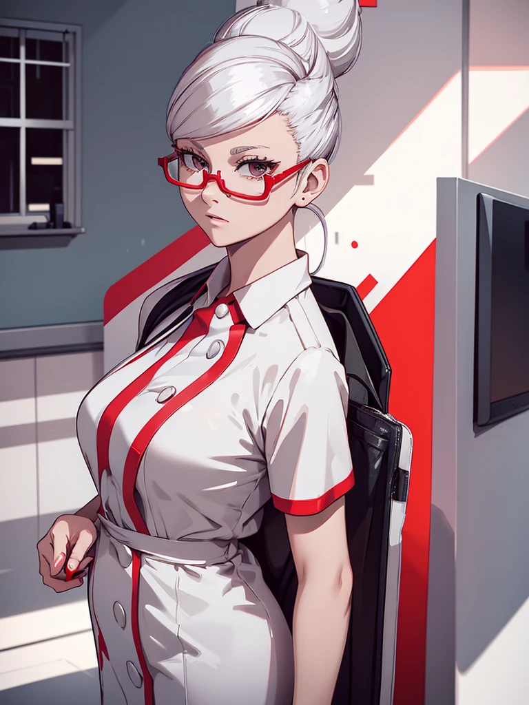 1woman, as a nurse, wearing a nurse outfit, at a hospital , white colour hair, red colour spectacles, 8k, high detailed, high quality, high accuracy, full body