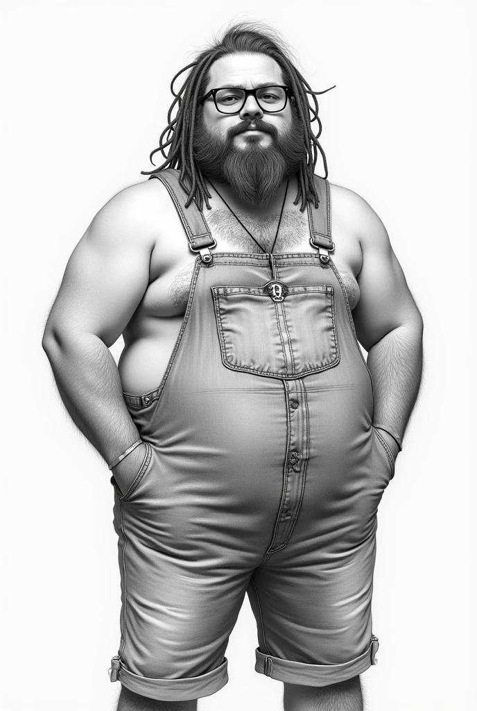 A drawn man with big, wide pants, , big head, with tattoos