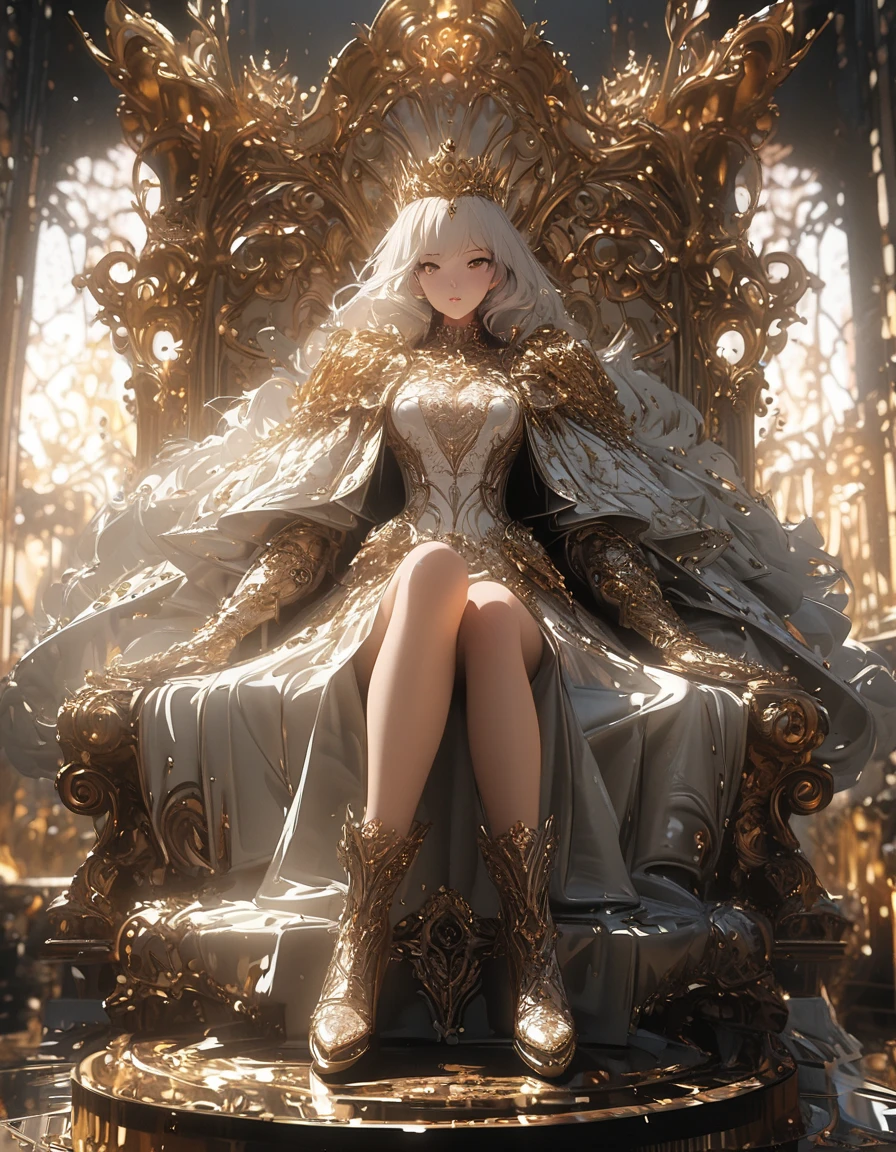 Full body portrait，Low Angle View，A sexy and charming woman sits on the throne on top of a pile of skulls，Wearing gorgeous and exquisite armor，Golden crown，gem，Luminescence，Luminescence特效，Bronzed skin，Golden Eyes，Snow-white hair，Long legs，Boots，Oil painting effect，Snapshot aesthetic style ， Extreme detail，Rich details，OC Renderer，8K，Super Fine，Hyperrealism，masterpiece，Rich in details