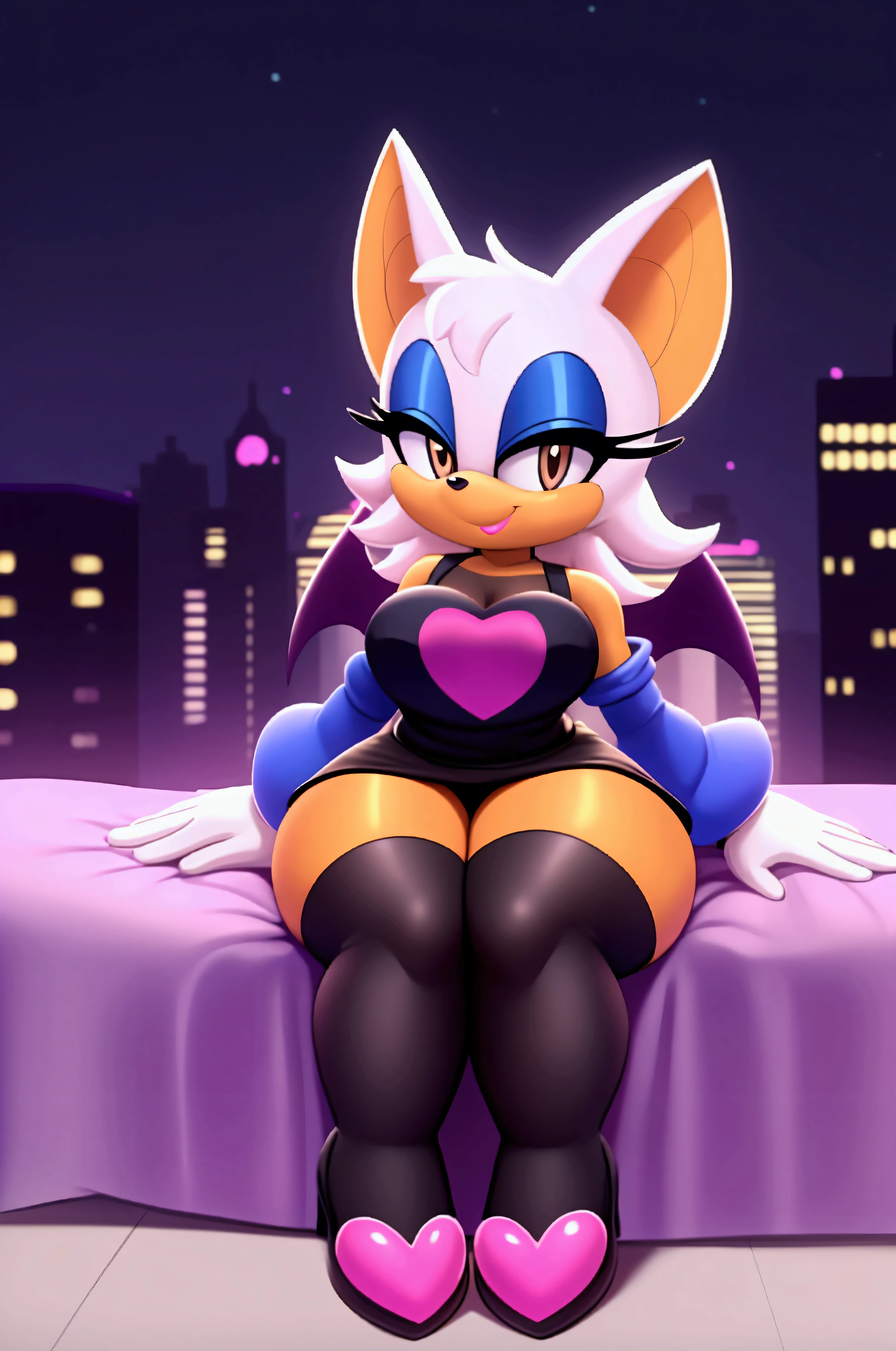 rouge the bat ,, , sitting on her knees facing forward ,in bed, looking at the spectator,in the background the city at night ,,lights on the ceiling, flirty look,  white gloves,smiling, big thighs ,white skirt , pink tights with black straps ,brown eyes ,  blue sleeves   ,  black t-shirt 