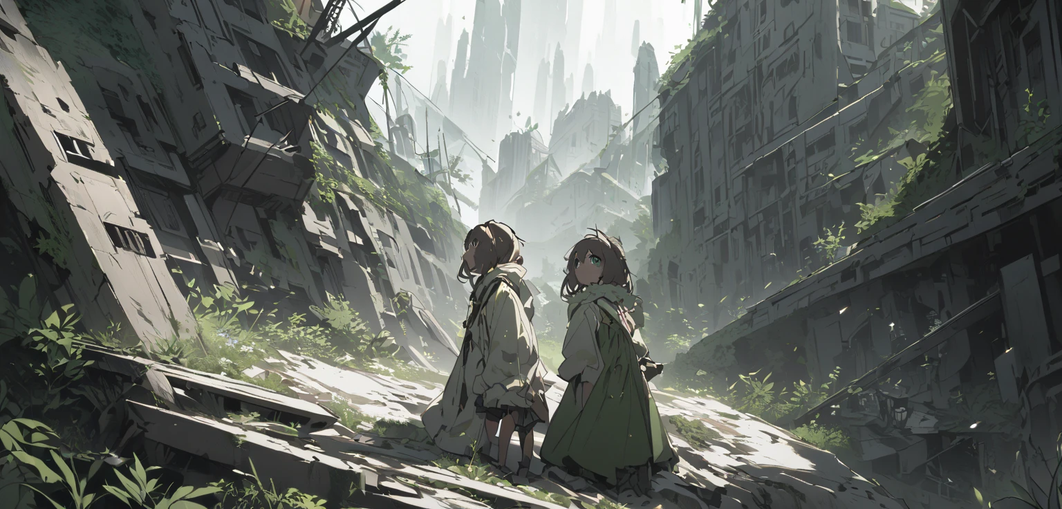 A young girl looks up at a ruined town full of nature　Utopia　humankind annihilation