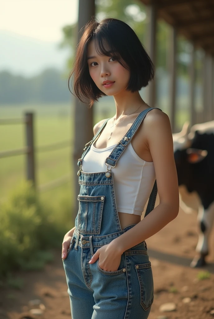 Best quality, masterpiece, ultra high res, (photorealistic:1.2).MEJI :she is a beautiful cowherd girl ,she is pround of her protruding breasts and nipples, and loves to present them to public.detailed skin,more slender and thin body,,round baby face,more realistic skin,small breasts,dark nipple,deep chest,(small hip),HI.. my name is MEJI ,I am a slim and skinny17 year old girl with long hair,,((what a slim and fragile girl she is !!!)),slenderness,thin and slender body,cheerful smile,mouth opens,wearing (sexy mechanicoveralls, Without Top,no bra) , standing at a cow pasture,(detailed background: distant cows,cow pastures,low wood fences,)drought,midday,topless