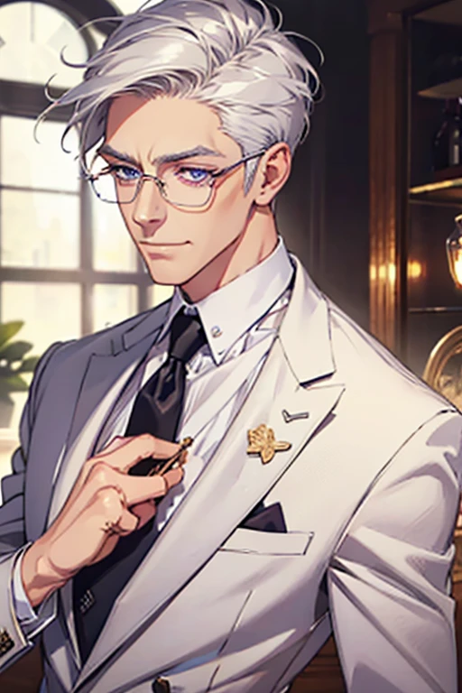 Short_silver_hair, hair_back_side, small_bangs_on the sides, 1adult_man, really_purple_eyes, beautiful_and_detailed_eyes, nice_smile, dress, white_business_suit, holding_a_silver_cane_with_gold_handle, detailed_hands, wearing_white_glasses, better_quality, HD_quality