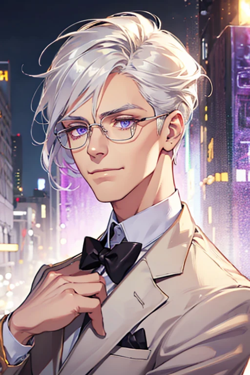 Short_silver_hair, hair_back_side, small_bangs_on the sides, 1adult_man, really_purple_eyes, beautiful_and_detailed_eyes, nice_smile, dress, white_business_suit, holding_a_silver_cane_with_gold_handle, detailed_hands, wearing_white_glasses, better_quality, HD_quality