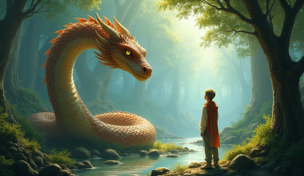 Hearing the answer ,  the snake dragon smiles and says , " You are a wise young man . However,  your journey has just begun .  To understand the true meaning of life ,  you must be able to feel the balance between nature and man