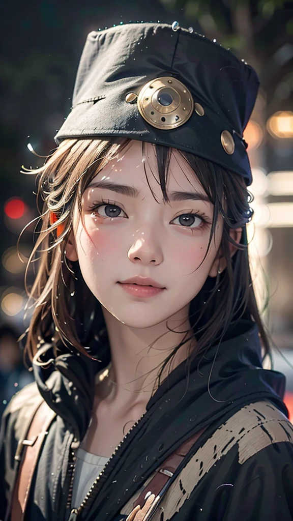 ( High Quality:1.3)、 (Realistic)、( Photo Real)、In the dim city、( beautiful face)、(Heavy rain:1.37)、(In an empty city)、(I can see big raindrops)、(Raindrop effect:1.5)、、(Wear a brimless tubular hat:1.3)、( a haze like a shadow wearing a cloak))、Despair and loneliness、The only person in the world、A beautiful girl with a mysterious aura、Irregular streetscape、 absurd、 Warped World 、(A haze like a shadow wearing a 、 looking up at the sky )、(Black clothing)