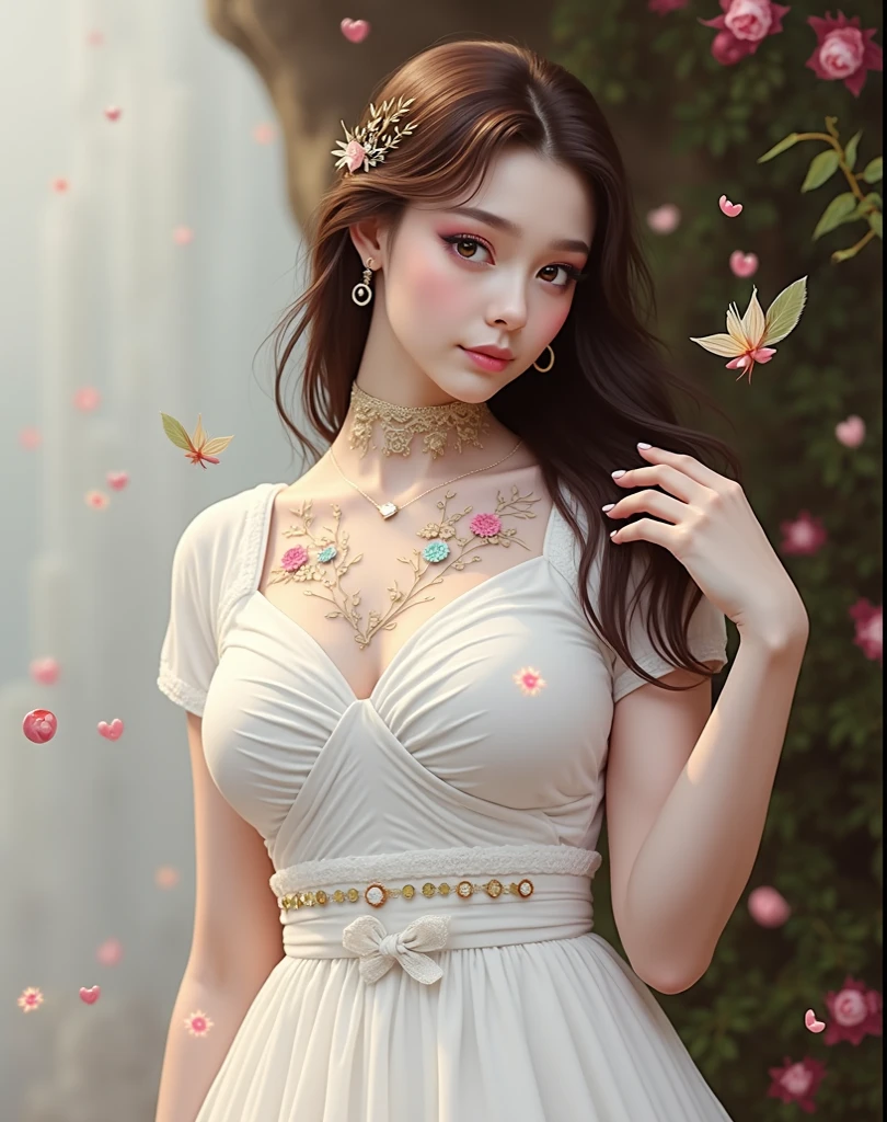 (best quality, highres, ultra-detailed:1.2), stunning flower dress, delicate floral pattern, flowing fabric, ornate design, intricate embroidery, graceful silhouette, feminine curves, vibrant colors, enchanting garden backdrop, soft natural lighting, dreamy atmosphere, elegant pose, confident expression, detailed facial features, captivating eyes, rosy lips