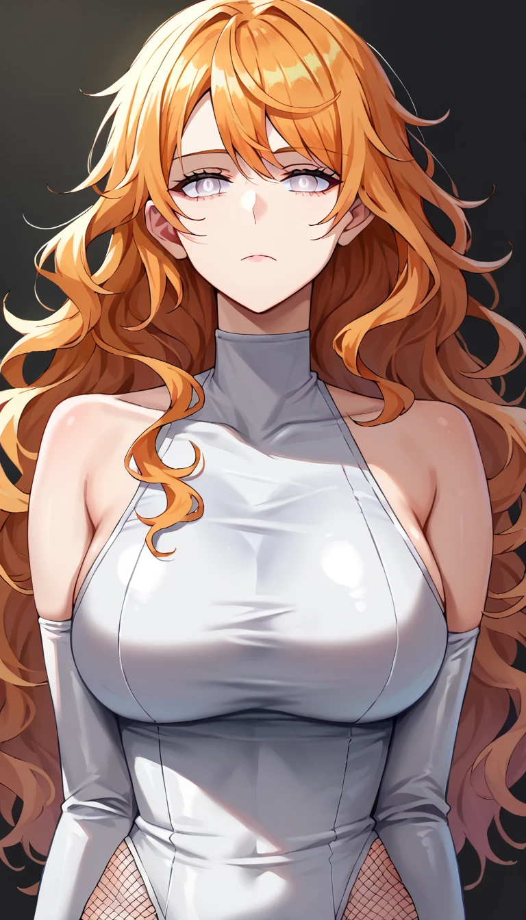  score_9,  score_8_up,  score_7_up,  score_6_up,  score_5_up,  score_4_up, BREAK source_Anime,We_Intellectual,  orange hair , Long Hair,  wavy hair in front of the station,  side lock, (White Eyes), Sparkling Eyes,Big Breasts, (Evil Depravity),(( hollow eyes)),Expressionless,(stand up), (( White Latex Rubber Suit )), fishnet stockings,  black background,  simple background,