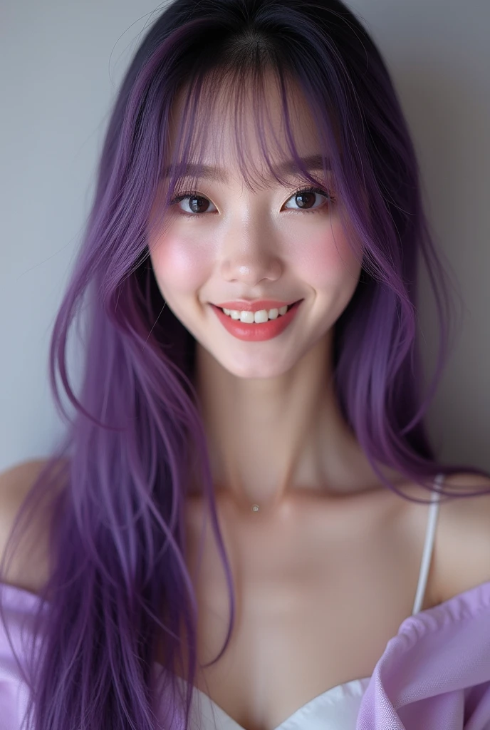 beautiful woman, beautiful eyes, eye detail , Long hair, purple hair, purple eyes, straight hair, 8K, masterpis , ralists,  best quality,  thin smile , body sexy, asian woman, full body,Solo, High Resolution, Masterpiece, High Quality, Teeth, Wide Shot, 