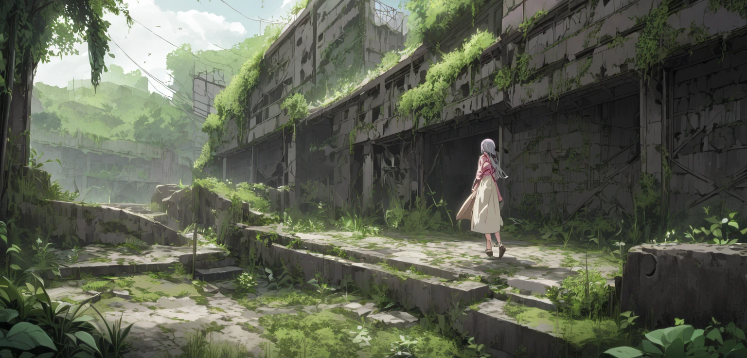 A girl walks through a ruined city full of nature　Utopia　Home　building　ruins　green