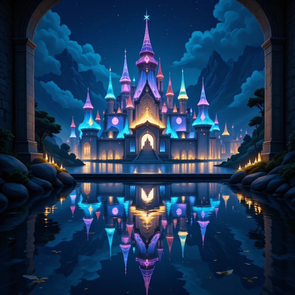 Clear 16-bit pixel wide water surface with a reflection of an elven fantasy city at night, intricate multicolored spires, giant rune gates, exotic flora.
