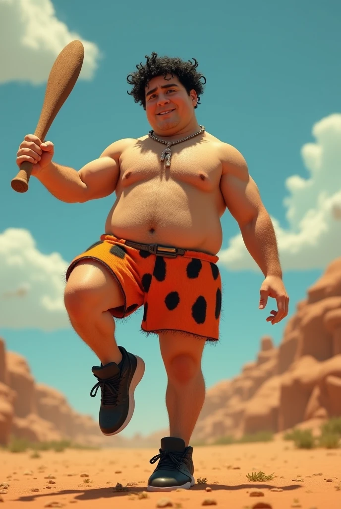 , fatter, curry hair, dark-skinned, large nose, big cheek, brown eye, yellow and broken tooth, with a small mouth, monocelha, wearing no shirt, with fart, and ripped shorts, playing with sweaty friends