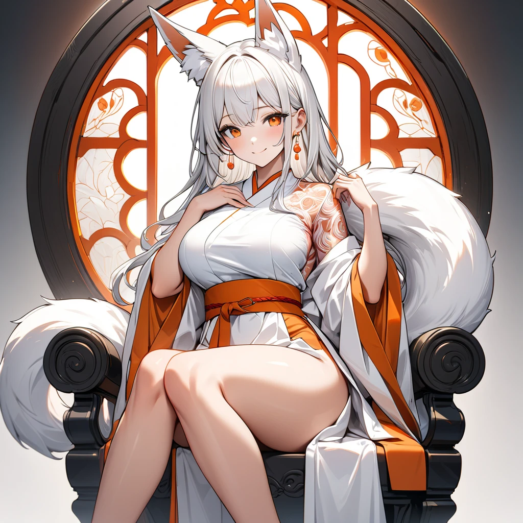 masterpiece, best quality,1girl, animal ears, tail, solo, japanese clothes, fox ears, white hair, fox tail, yellow eyes, looking at viewer,(kbxll:0.6)