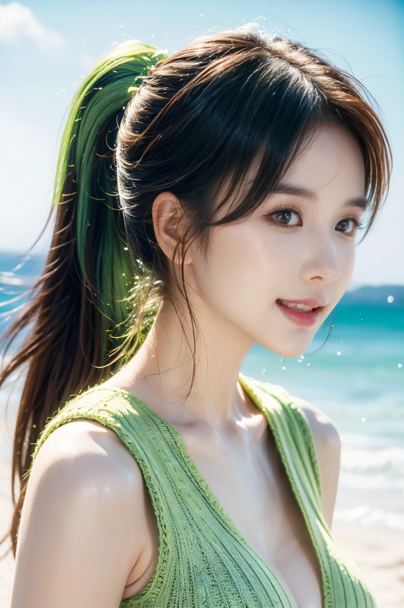 (highest quality、Tabletop、8k、Best image quality、Ultra-high resolution、Award-winning works)、One beautiful woman、alone、Accurate anatomy、(Face close-up:0.8), (portrait from the side view:1.3), (Perfect wear:1.1)、(Voluptuous body:0.7)、(Accentuate your body lines:1.1)、(very beautiful and ample breasts:1.5) and a huge waist ((press the chest)),Ultra-high resolution for beautiful, lustrous and moisturized skin、Ultra-high resolution beautiful face、Ultra-high resolution Sparkling eyes、Ultra-high resolution perfect teeth、(Ultra-high resolution,Wave,ponytail,short,Brown Hair,Hair)、(Look at me and smile、Perfect Makeup、(on resort beach side:1.3)、(Accurate anatomy:1.1)、(Bright and glowing skin:1.1),(Light green knit:1.3), On the forehead"meat",Slim body line, very wet