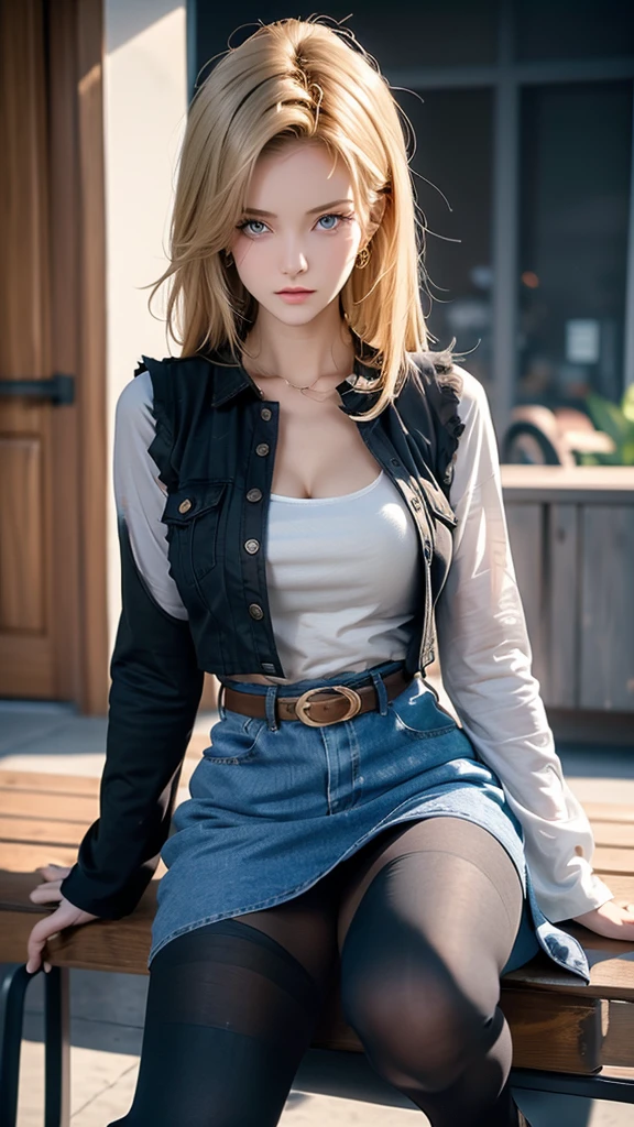 One girl,  Android 18, Blonde,  pretty and sexy girl, She wearing light blonde hair, Medium length shaggy cut hair, She have Very large breasts bouncing, Wearing a very short blue H-line denim skirt, Wearing a medium size of denim vest, The denim skirt and denim vest colors match, She Wear long sleeves, It has long sleeves with black stripes at regular intervals on a white background, She wears flesh-colored illusion pantyhose, The pantyhose she wears look like brown stockings, She wore pantyhose and wore white panties over them, wearing a women's Western cowboy-belt, wearing women's Western cowboy-boots, wearing a black t-shirt that exposes deep cleavage, No bra, breast areolas outside a black T-shirt, clearly exposed, She is sitting on the bench, She holds the lower part of her right thigh with one hand, Raises her right thihh, She puts her raised leg on the side of the bench, Her legs are spread, So the denim skirt is pushed up her thigh, The shiny white panties above the pantyhose she is wearing are visible thanks to the raised denim mini skirt and her right thigh, Her panties are slightly visible, She gives me a tempting look, Full of anticipation, She winks with her left eye, boldly and fascinatingly winks her left eye and stares at me intently, bench, outdoor park, four trees around, clear sky, masterpiece