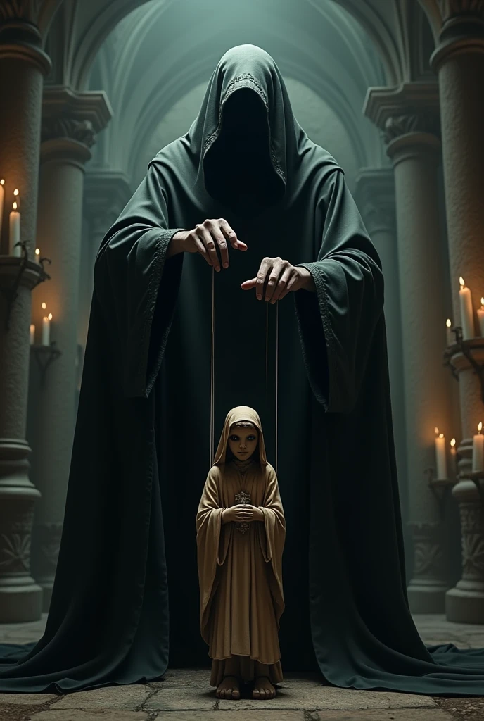 Mysterious person wearing a black robe pulling the strings of a faith puppet in dark gothic style