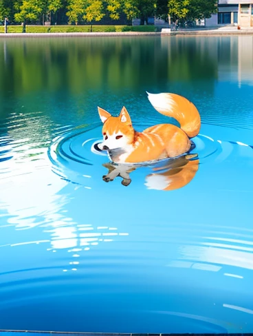 masterpiece，The city reflected on the surface of the water，Baby kitsune，