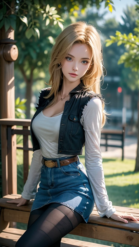 One girl,  Android 18, Blonde,  pretty and sexy girl, She wearing light blonde hair, Medium length shaggy cut hair, She have Very large breasts bouncing, Wearing a very short blue H-line denim skirt, Wearing a medium size of denim vest, The denim skirt and denim vest colors match, She Wear long sleeves, It has long sleeves with black stripes at regular intervals on a white background, She wears flesh-colored illusion pantyhose, The pantyhose she wears look like brown stockings, She wore pantyhose and wore white panties over them, wearing a women's Western cowboy-belt, wearing women's Western cowboy-boots, wearing a black t-shirt that exposes deep cleavage, No bra, breast areolas outside a black T-shirt, clearly exposed, She is sitting on the bench, She holds the lower part of her right thigh with one hand, Raises her right thihh, She puts her raised leg on the side of the bench, Her legs are spread, So the denim skirt is pushed up her thigh, The shiny white panties above the pantyhose she is wearing are visible thanks to the raised denim mini skirt and her right thigh, Her panties are slightly visible, She gives me a tempting look, Full of anticipation, She winks with her left eye, boldly and fascinatingly winks her left eye and stares at me intently, bench, outdoor park, four trees around, clear sky, masterpiece